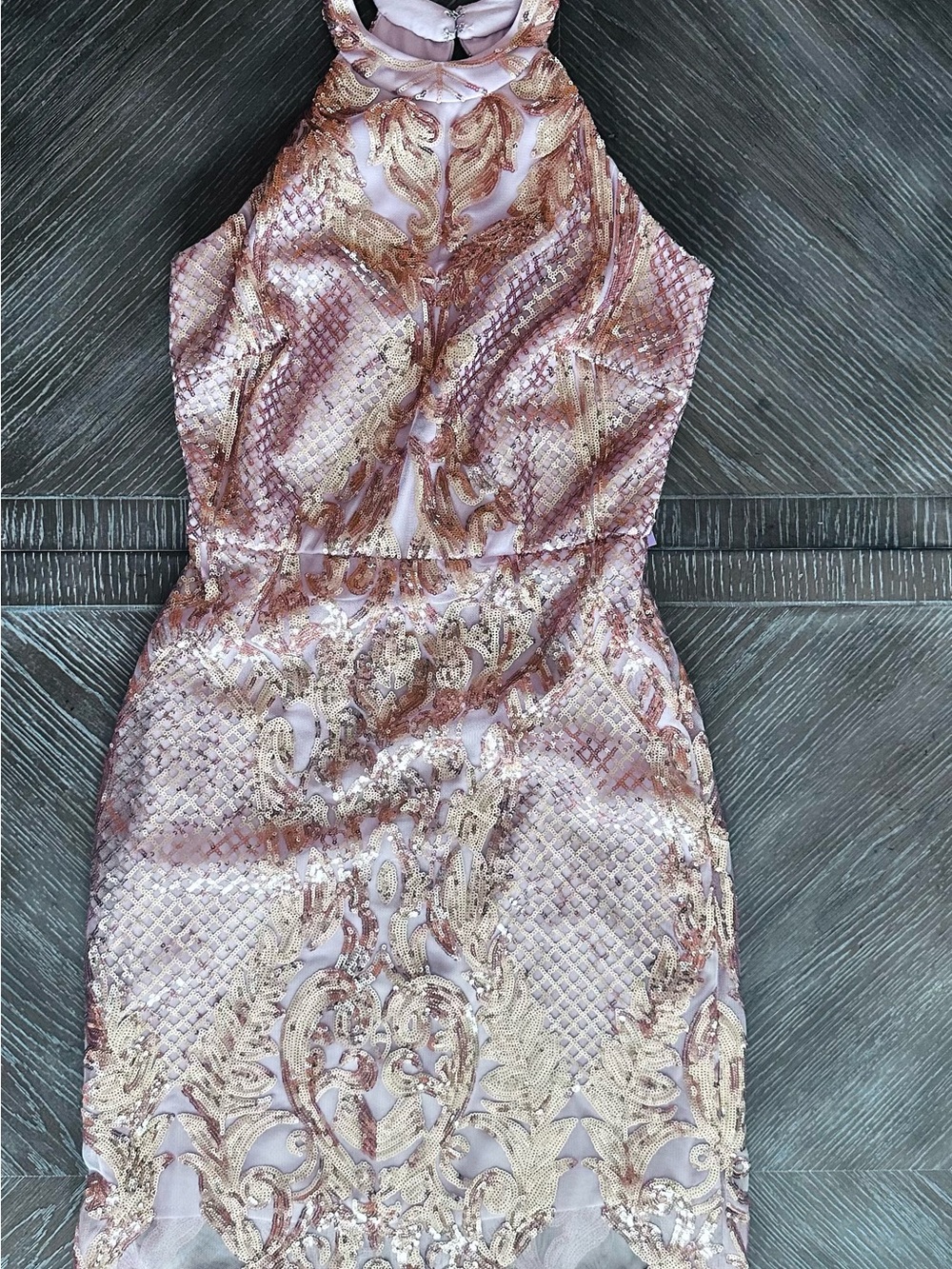 Sleeveless halter Jolene Rose Gold Lace-Embellished Cocktail Dress
